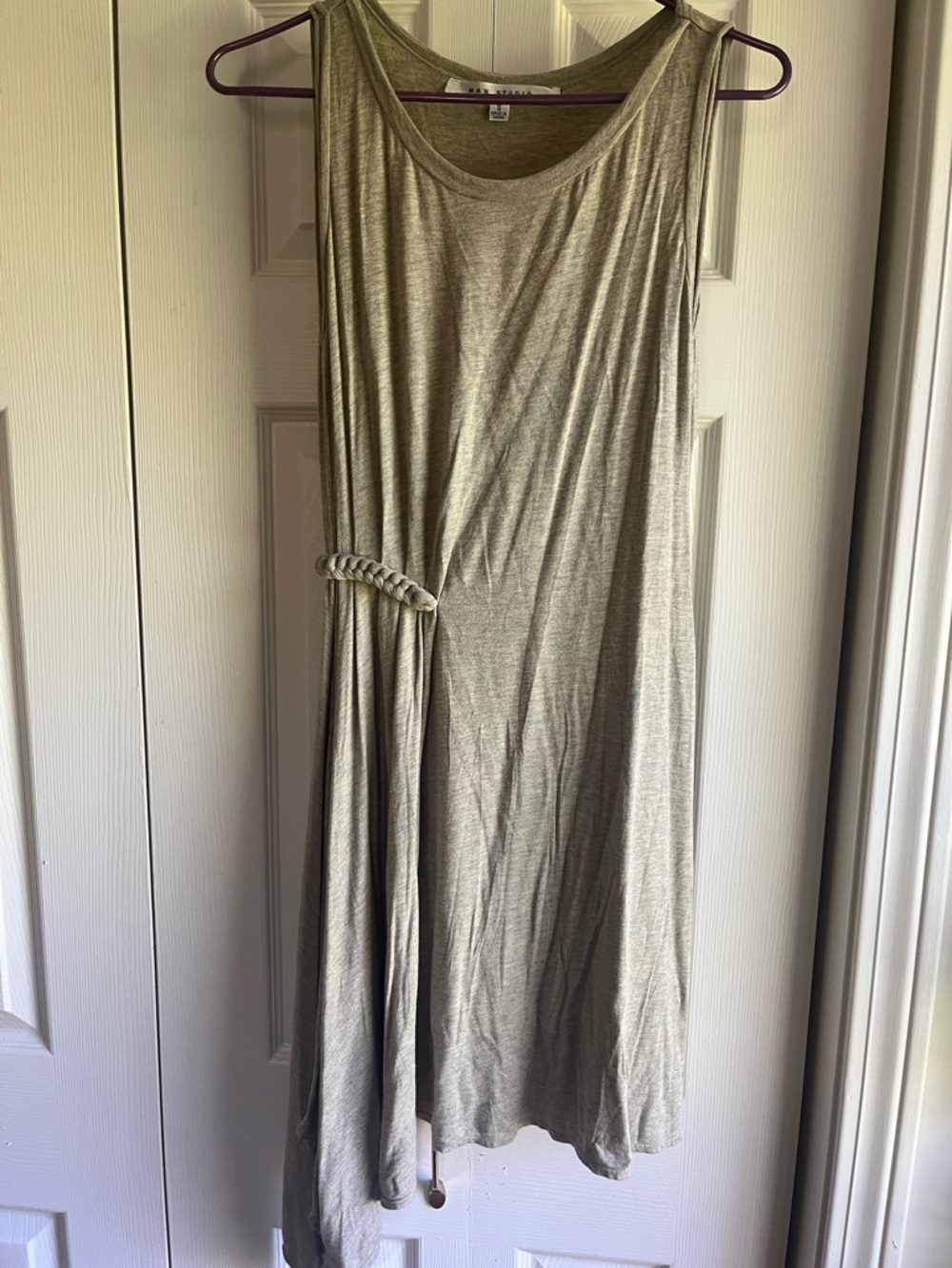 Max Studio Heather tan/grey Asymmetrical Sleeveless Dress, Small, Braid detail